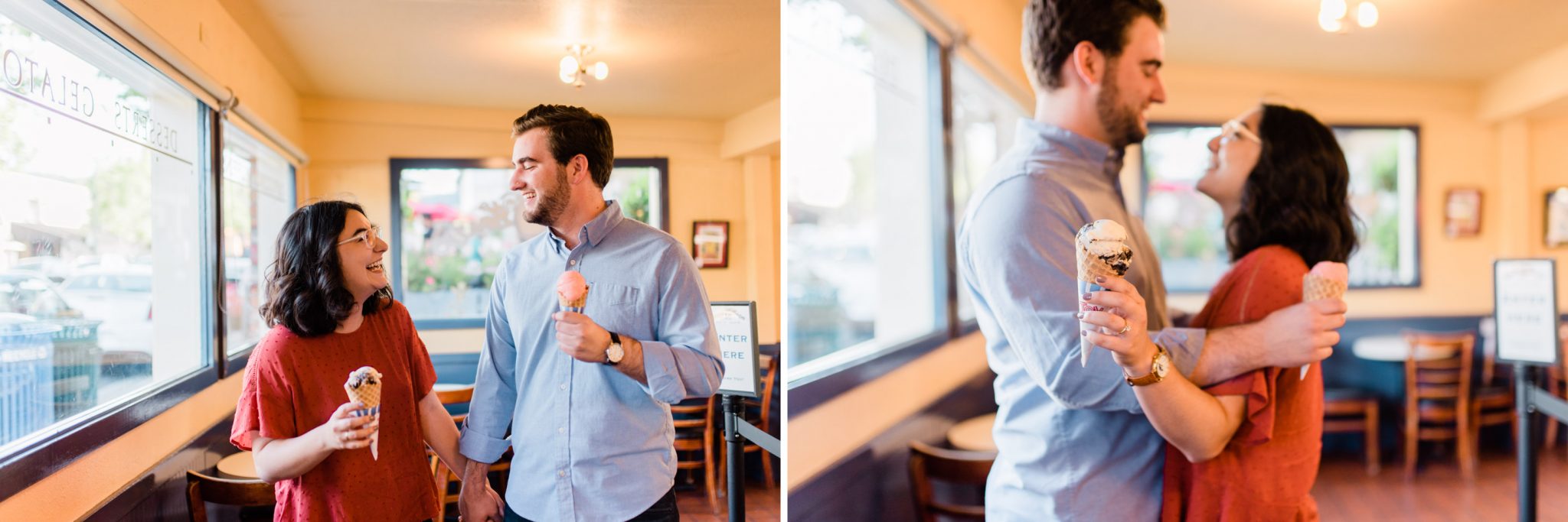 Collage of engagement photos in ice cream shop in Los Gatos, CA