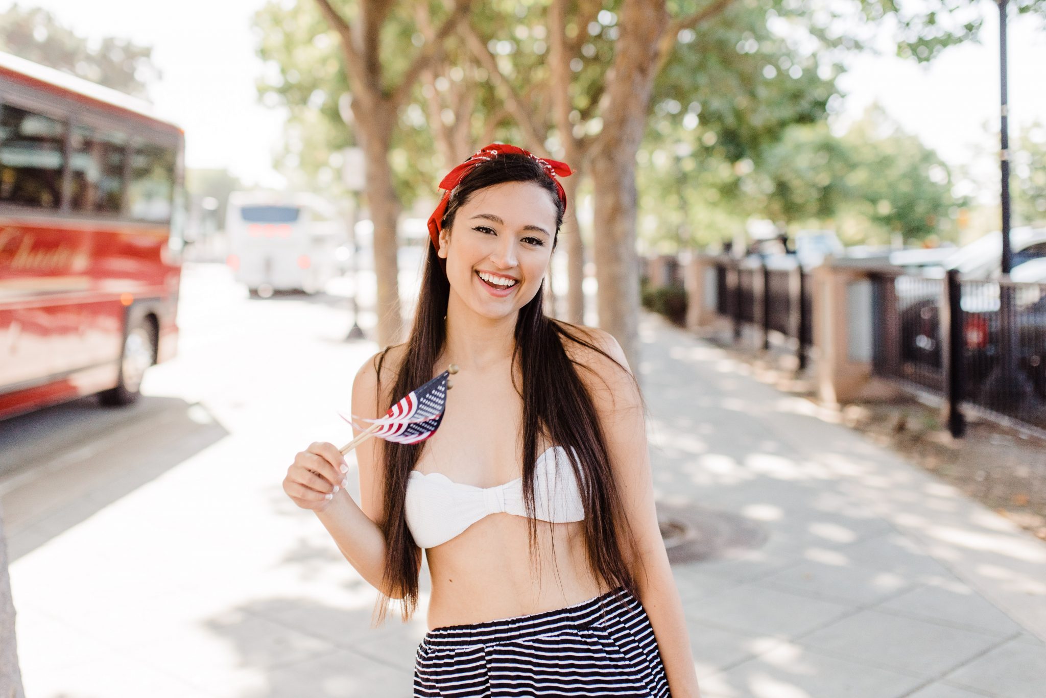 Sonia wearing an outfit for July 4th in Mountain View, CA