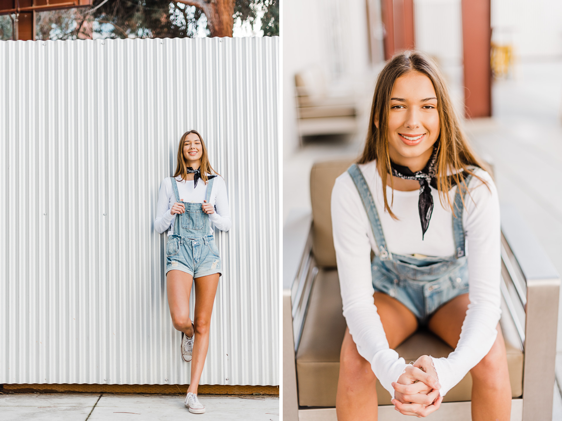 Teen in overalls in an urban setting, by Emily Kim Photography.