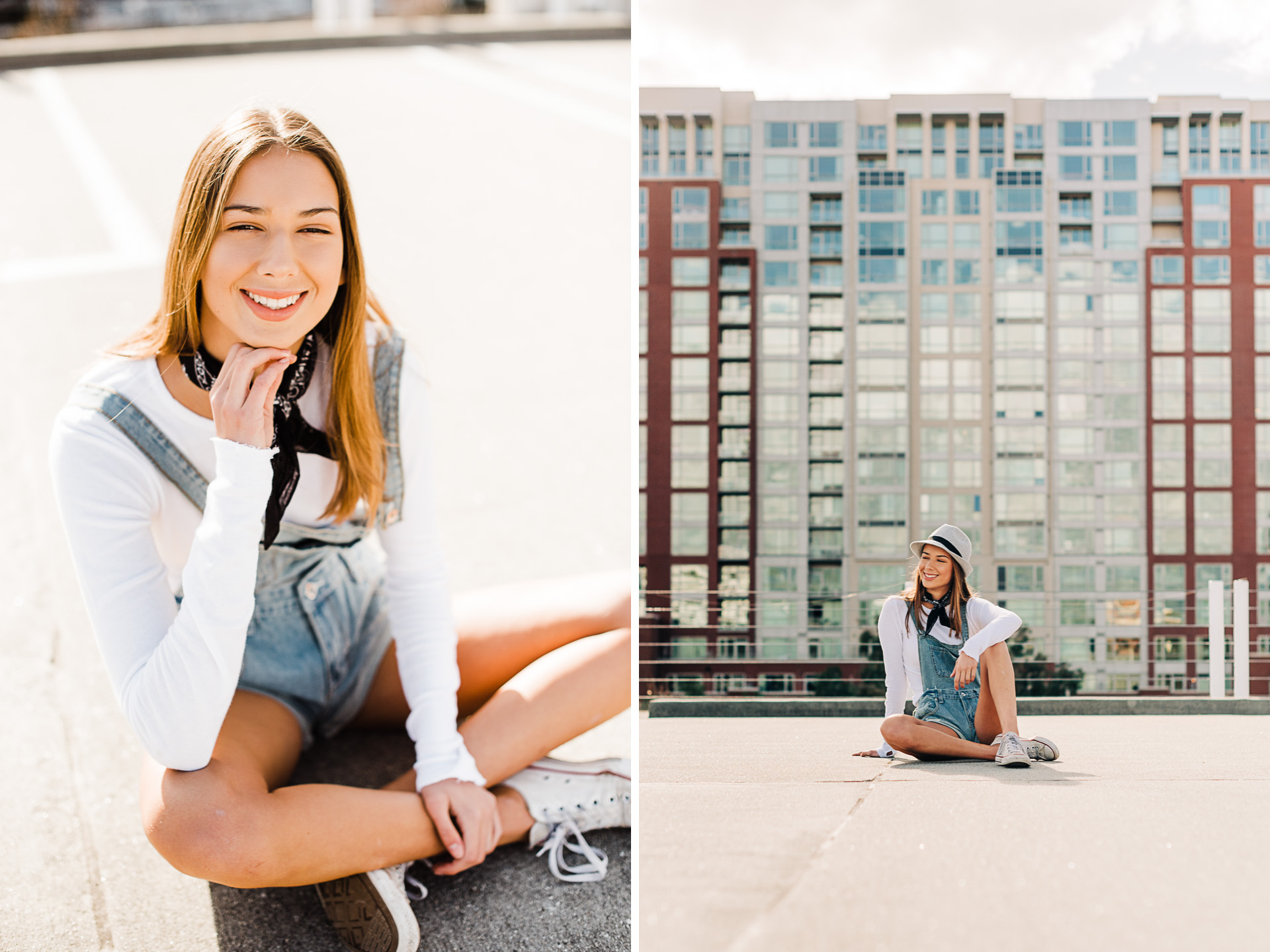 Teen sitting criss-cross on a parking deck rooftop, by Emily Kim Photography.
