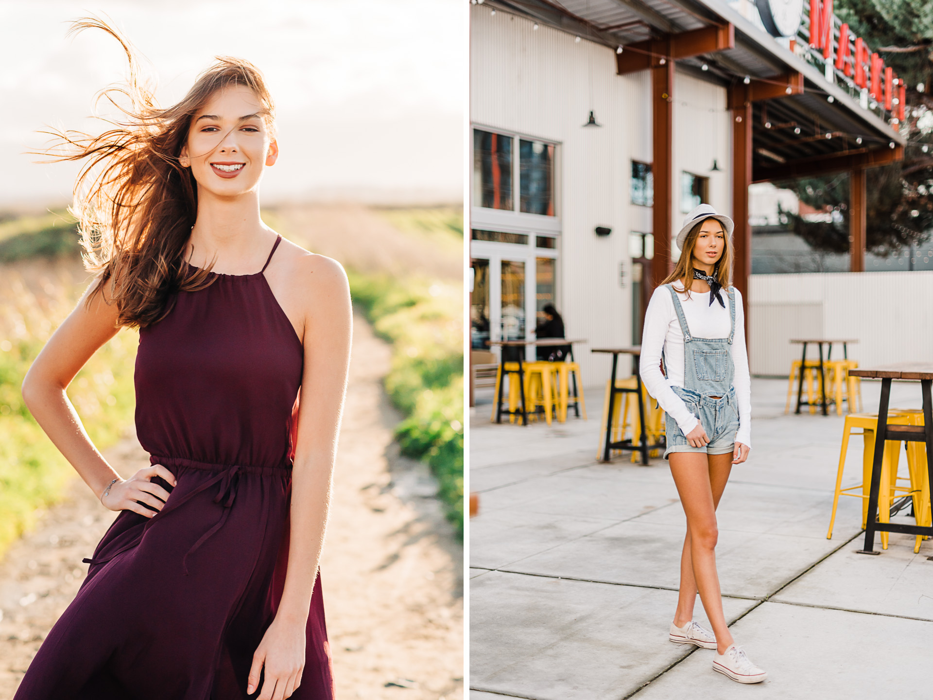 Two photos, one of a teen in a dress and the other in overalls. The first is in nature and the second is urban, by Emily Kim Photography.