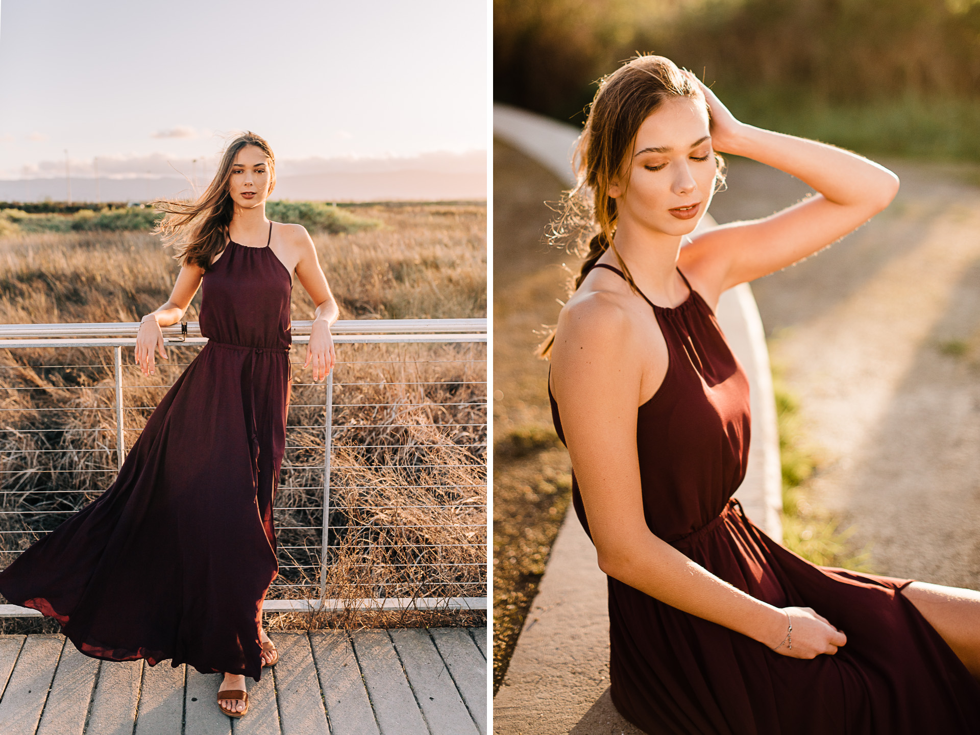Teen girl wearing long maroon dress, at a natural park during sunset, by Emily Kim Photography.