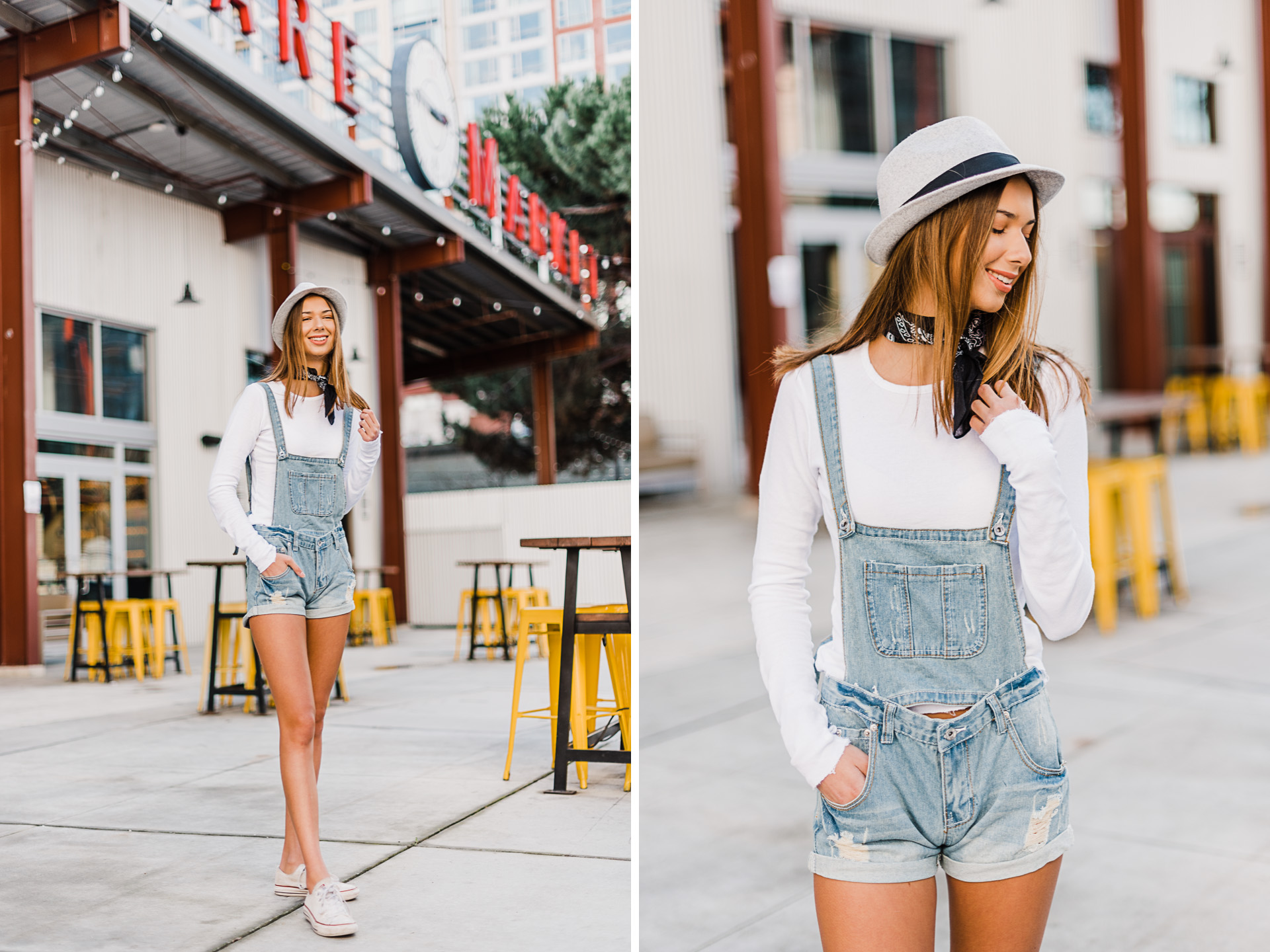 Teen in overalls smiling, by Emily Kim Photography.