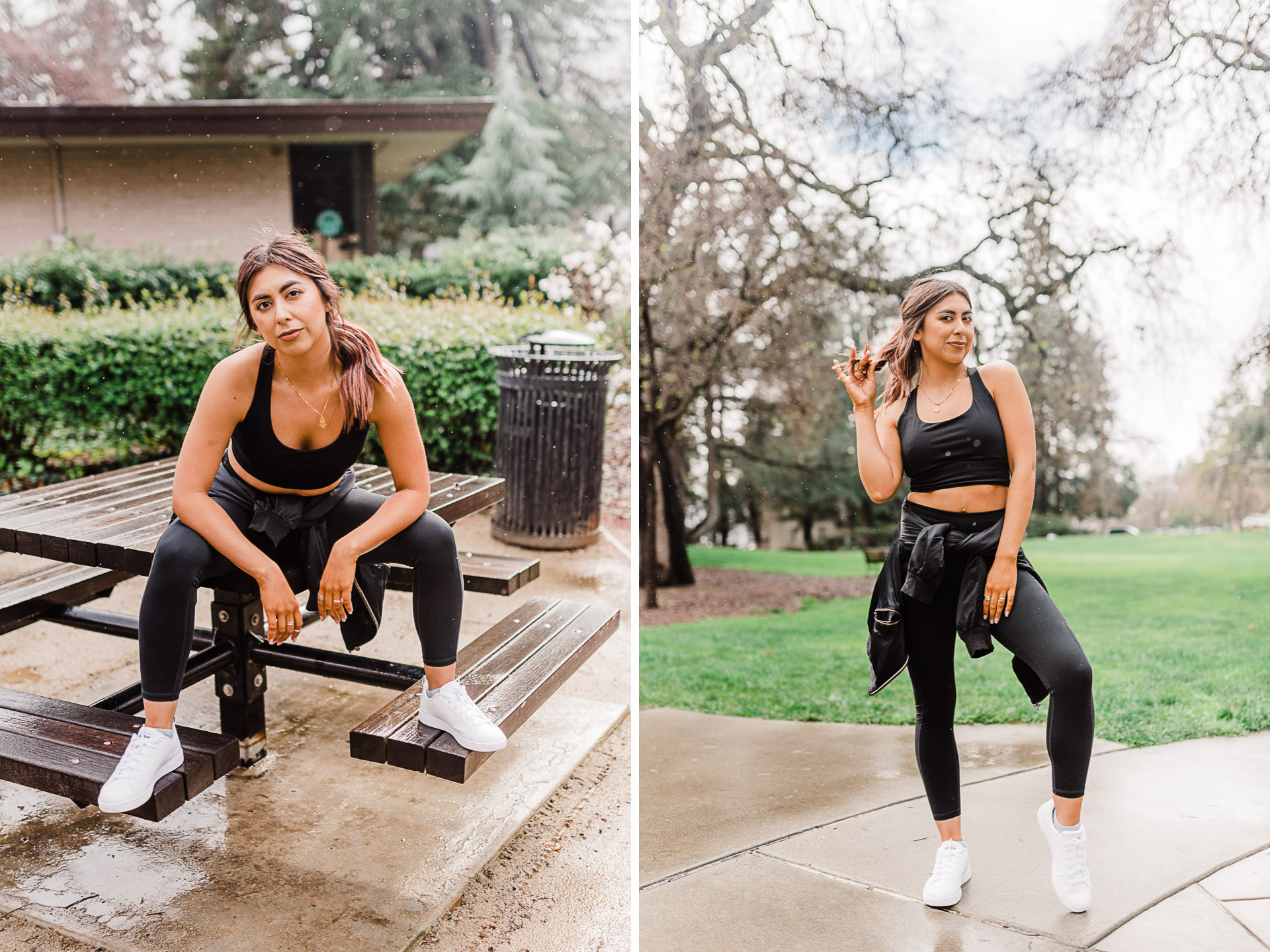 Fitness blogger wearing sports bra, legging, and windbreaker style jacket. Sitting on a park table.
