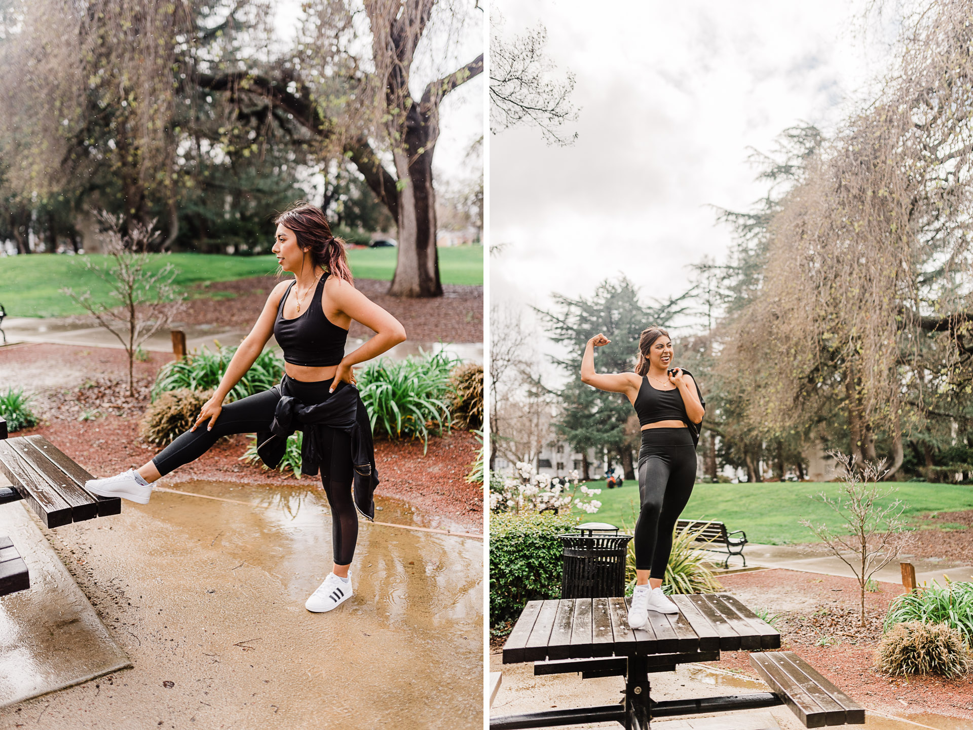 Fitness blogger wearing sports bra, legging, and windbreaker style jacket. Stretching and standing on a park table.