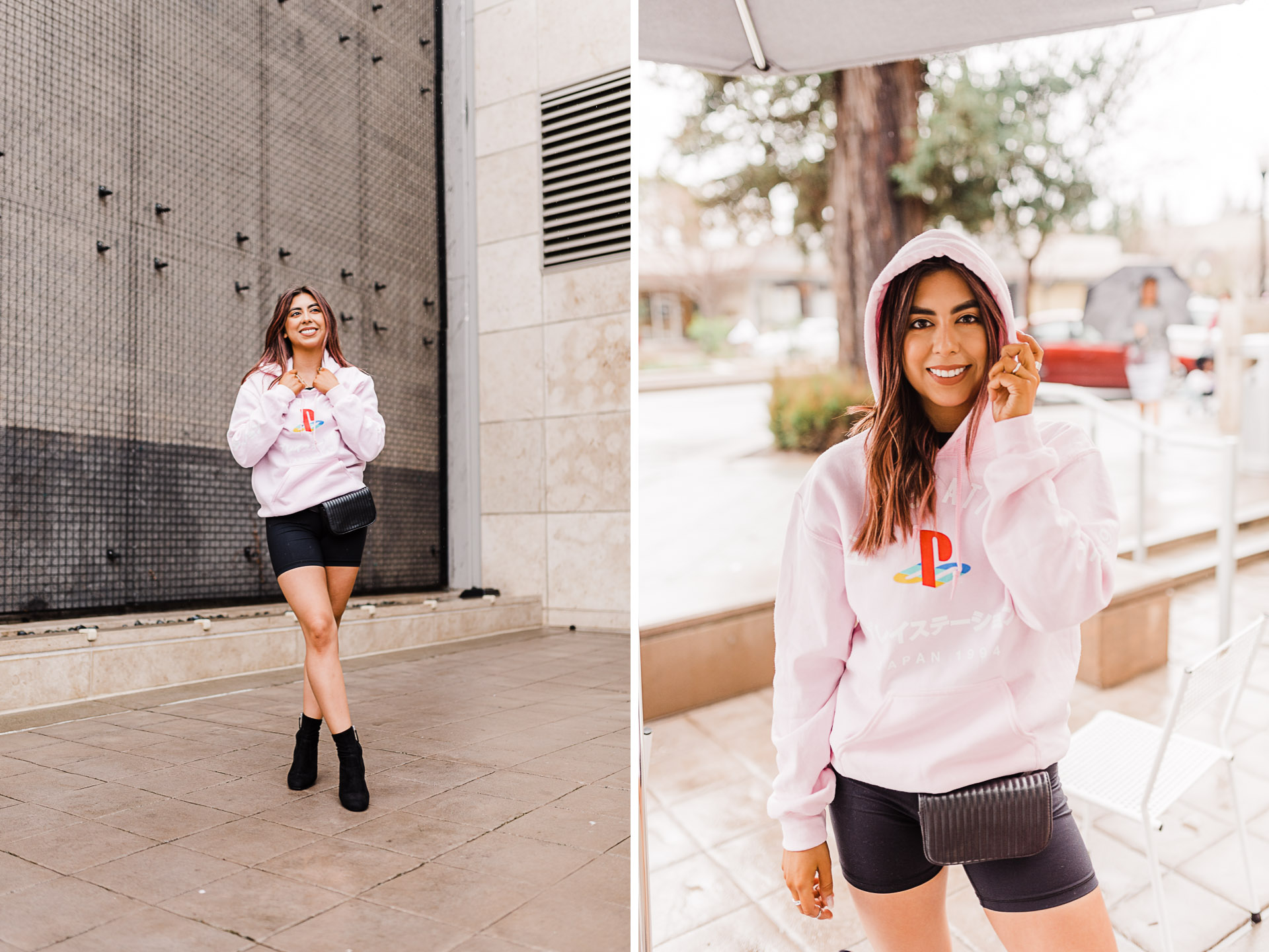Fashion blogger wearing a pink playstation hoodie.