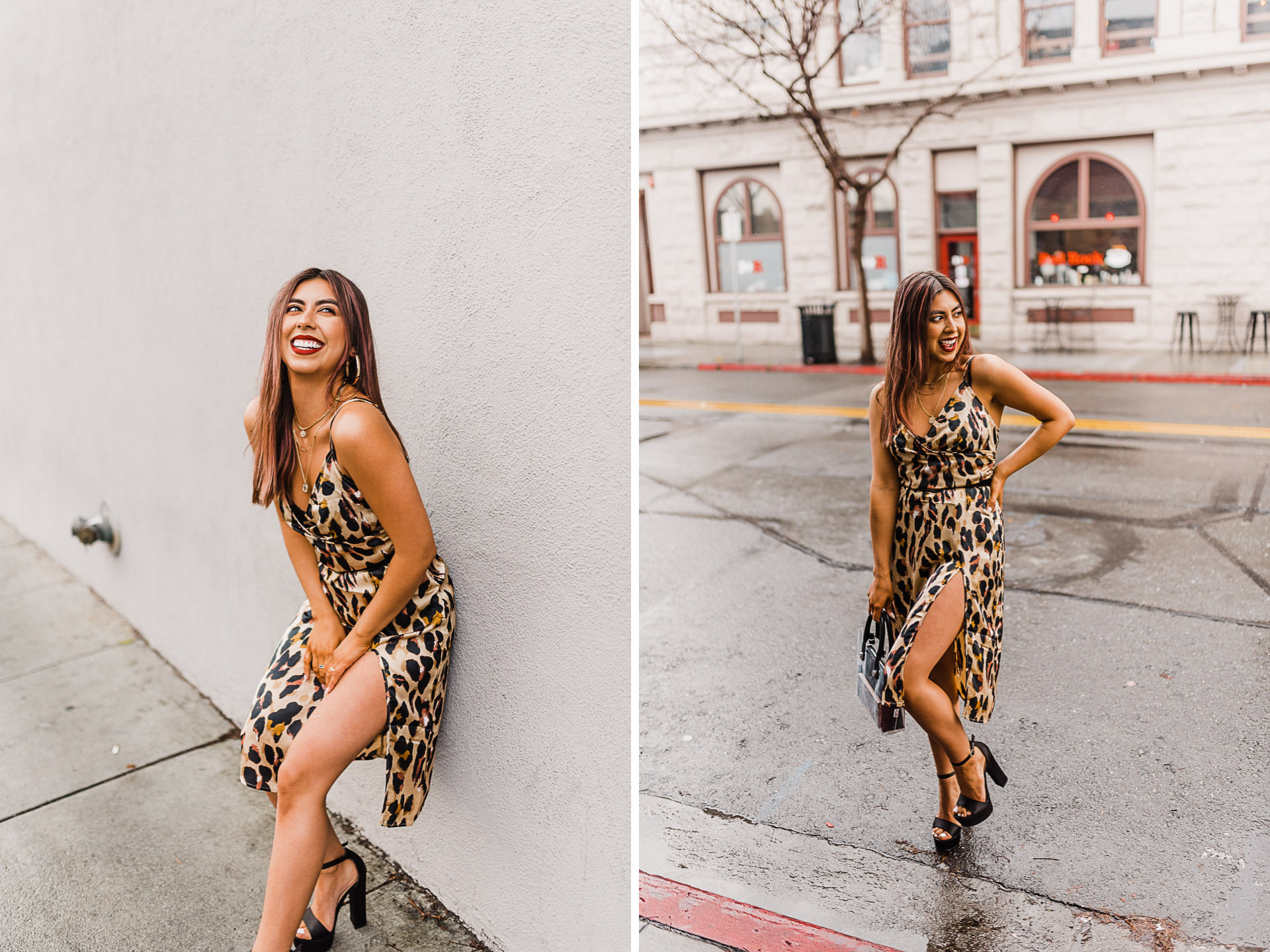 Fashion blogger wearing cheetah print dress.