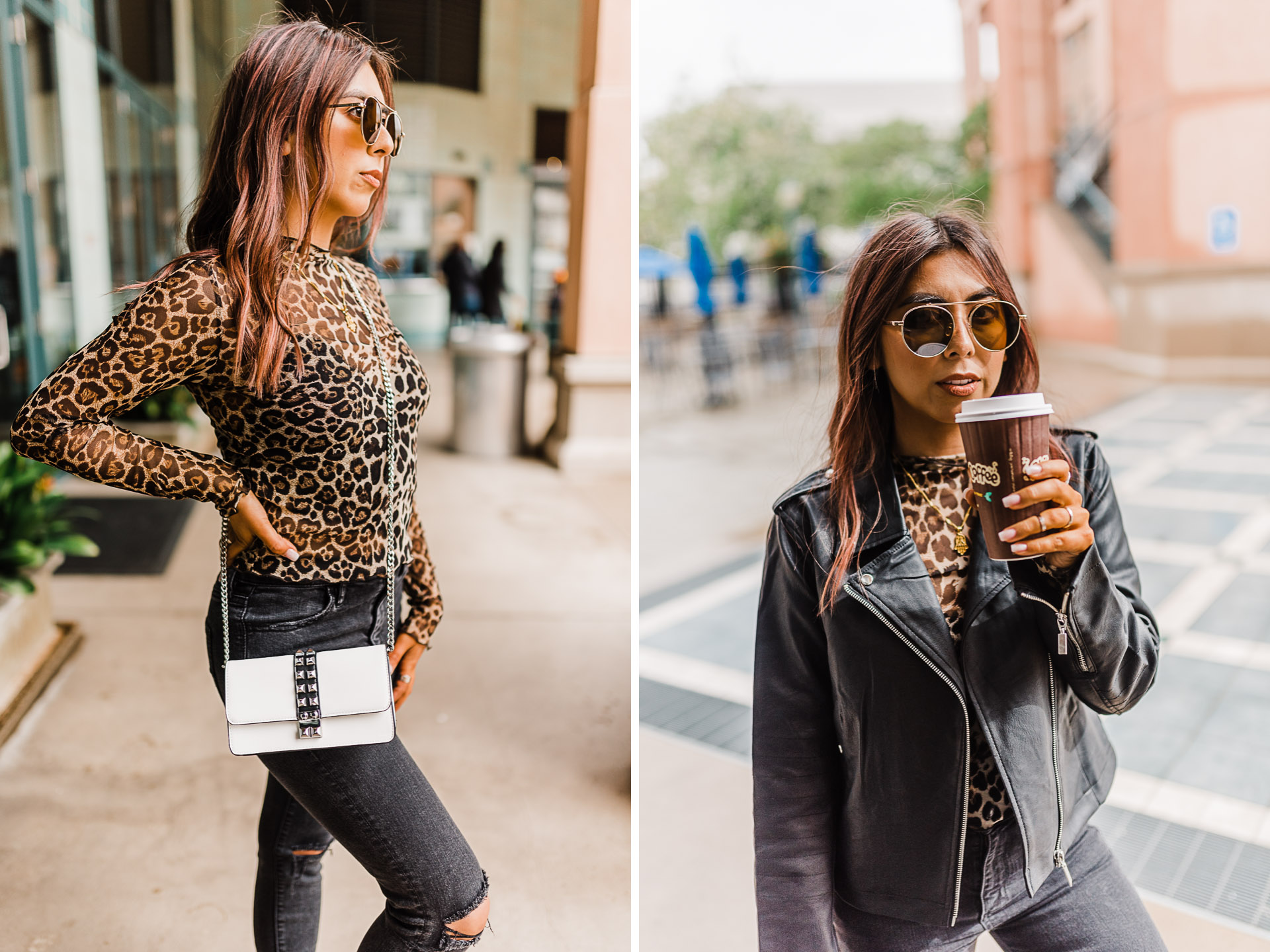 Fashion blogger holding a Philz coffee cup wearing a cheetah print shirt, ripped black jeans, and white sneakers.