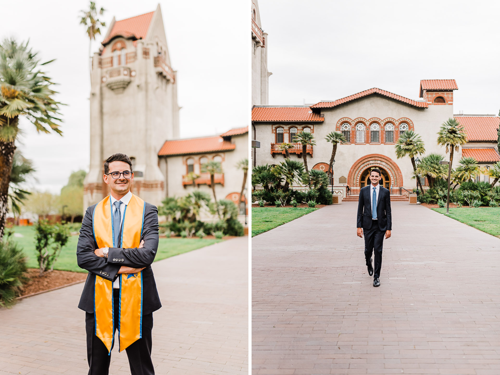 College grad with stole standing in front of SJSU Tower building.
