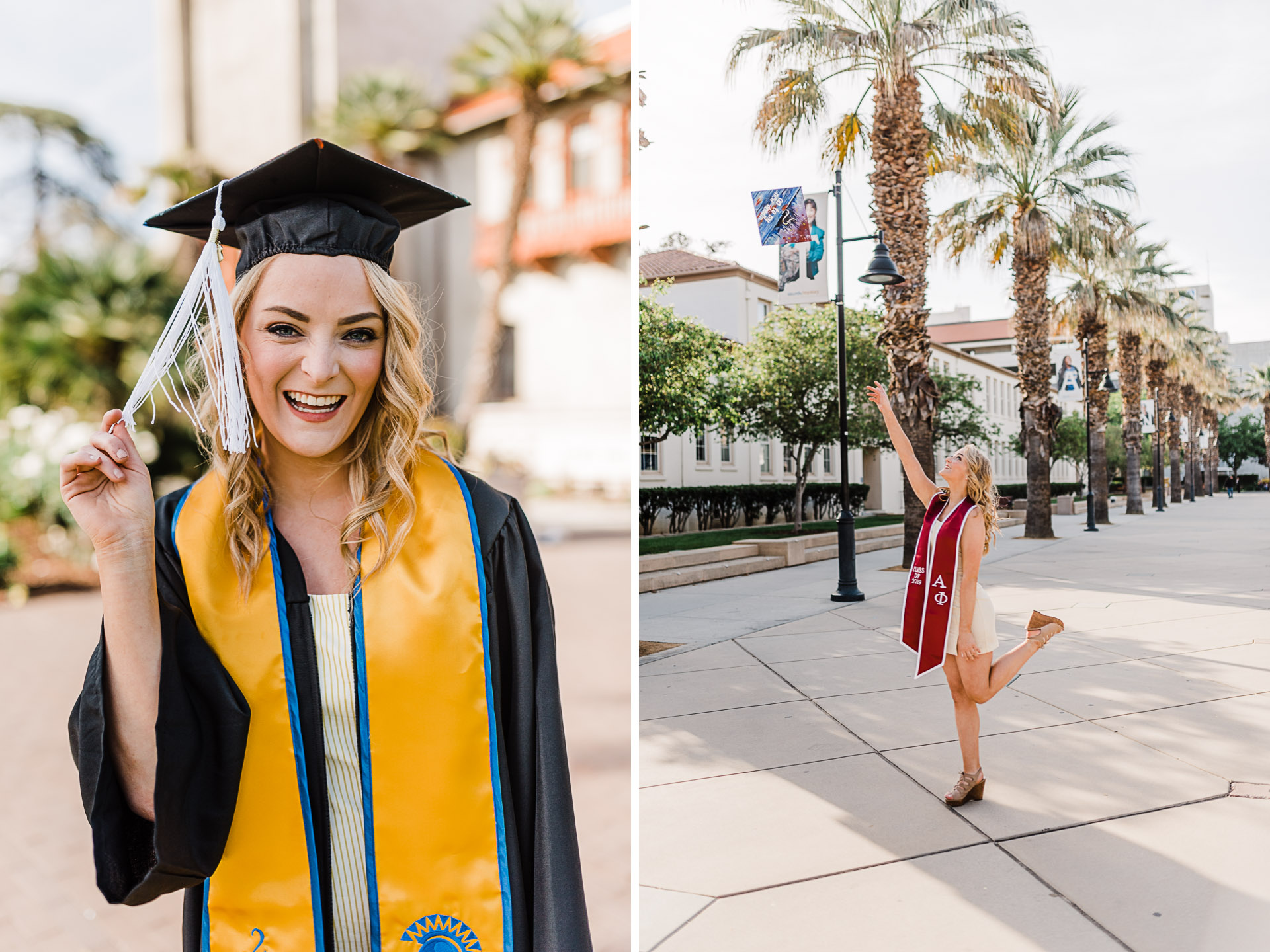 Grad throwing cap in front of palm trees at San Jose State University