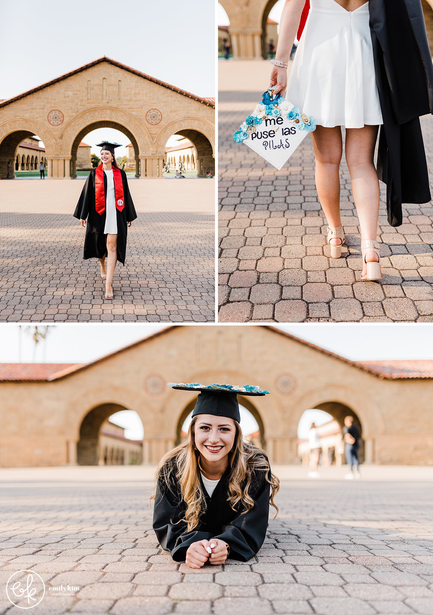 Stanford College Graduation Photos - laying down on quad and close up of hat and shoes
