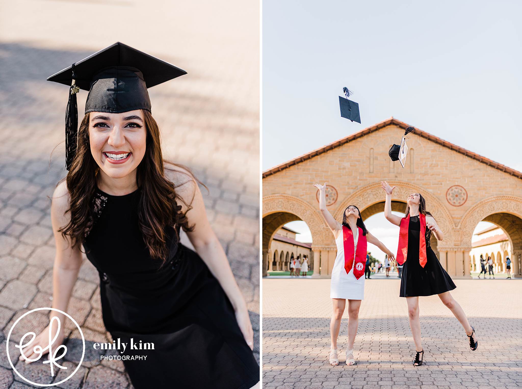 Stanford graduation session with Disney grad cap, throwing caps