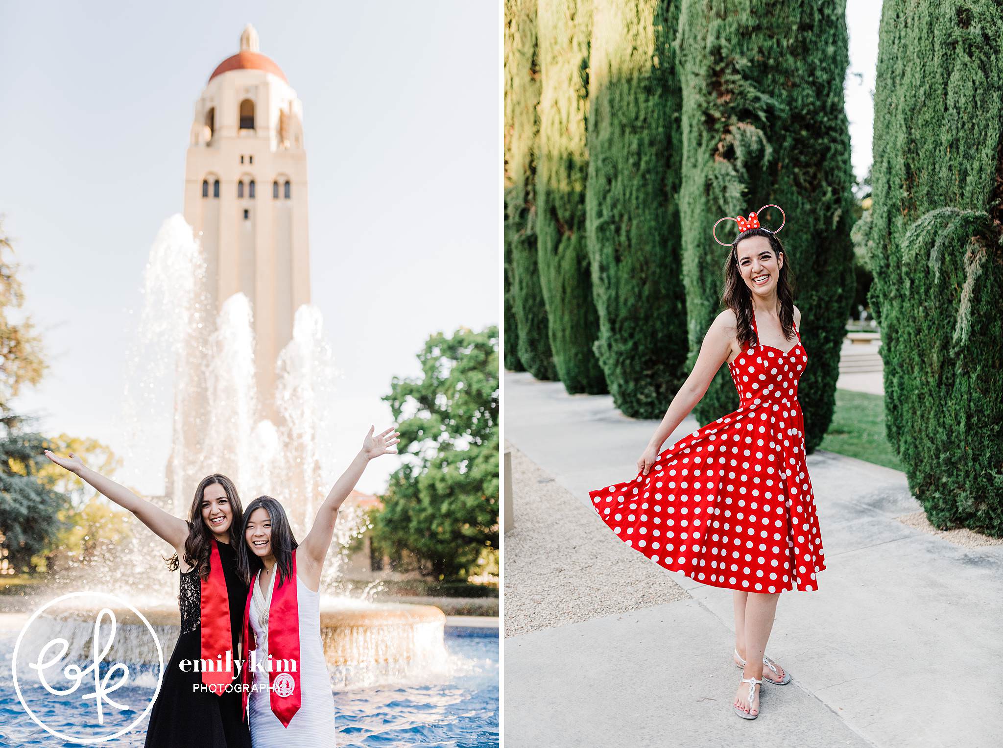 Stanford graduation session with Disney grad cap at the Stanford fountain