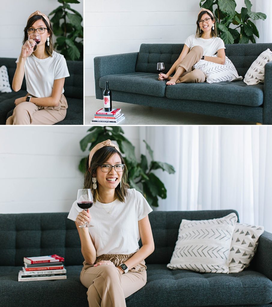 collage of photos of a woman wearing a white-shirt and soft tan pants. she's drinking red wine and sitting on a couch.