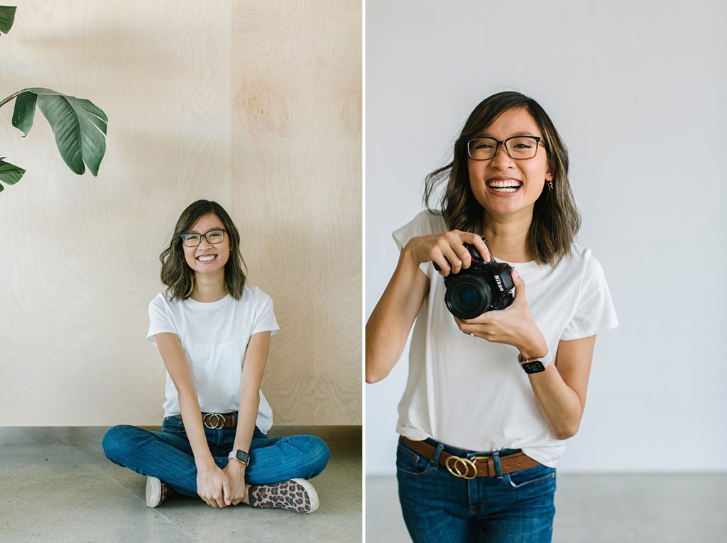 collage of photos of a woman wearing a white t-shirt and dark blue jeans. She's holding a DSLR camera and wears glasses.