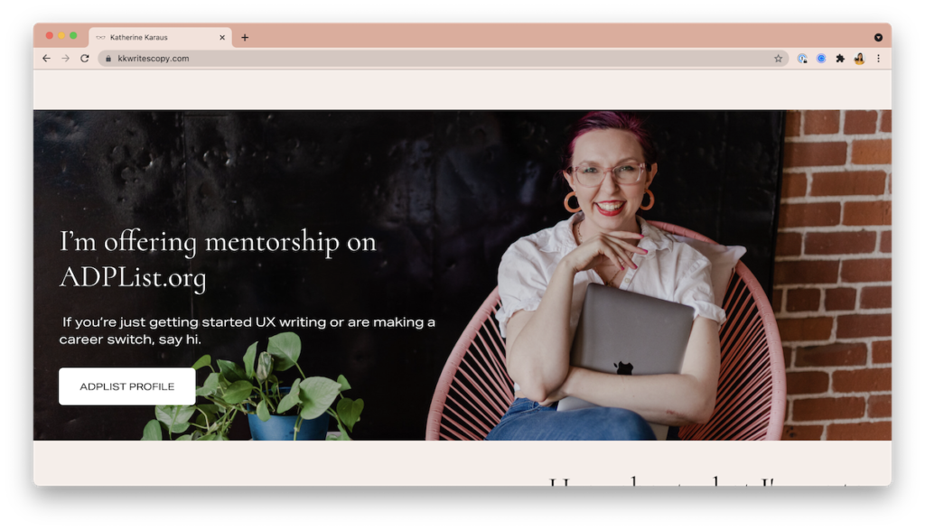 Screenshot of Katherine's updated website with her brand photos