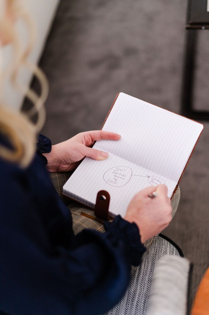 detail shot of woman writing in journal