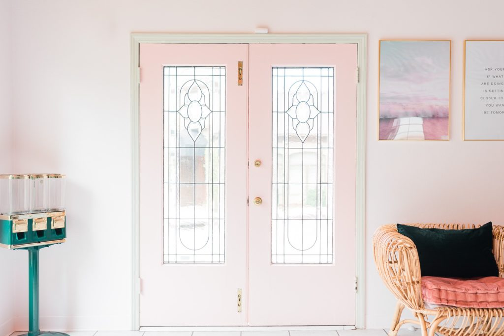 Two pink double doors.