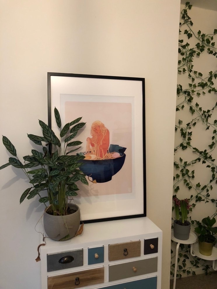 a dresser with a calathea plant and a painting sitting on top.