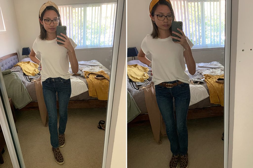 mirror selfies of a woman wearing a white t-shirt and dark blue jeans. She's wearing leopard print Rothy's.
