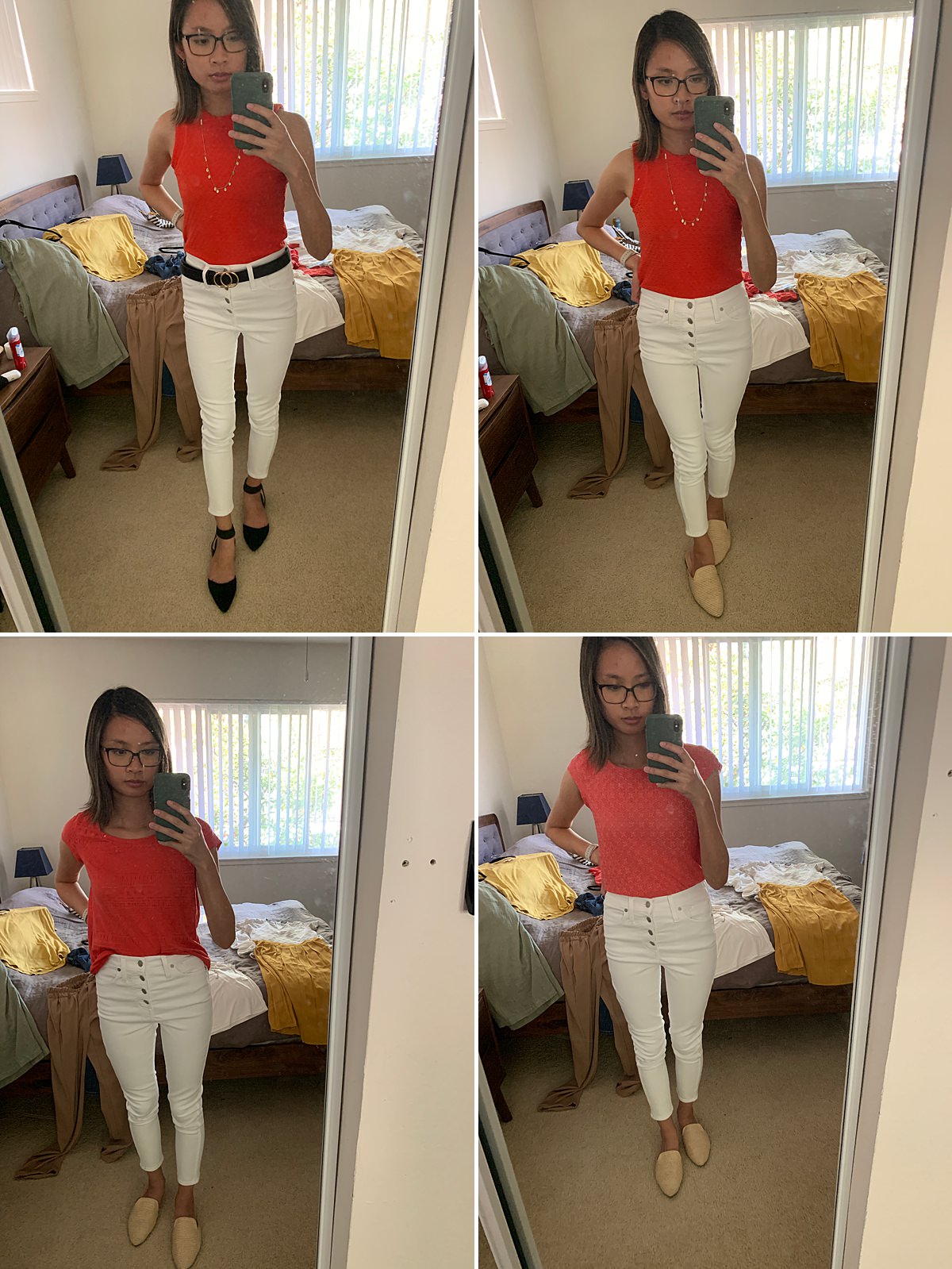Collage of mirror selfies of a woman wearing white denim and coral shirts.