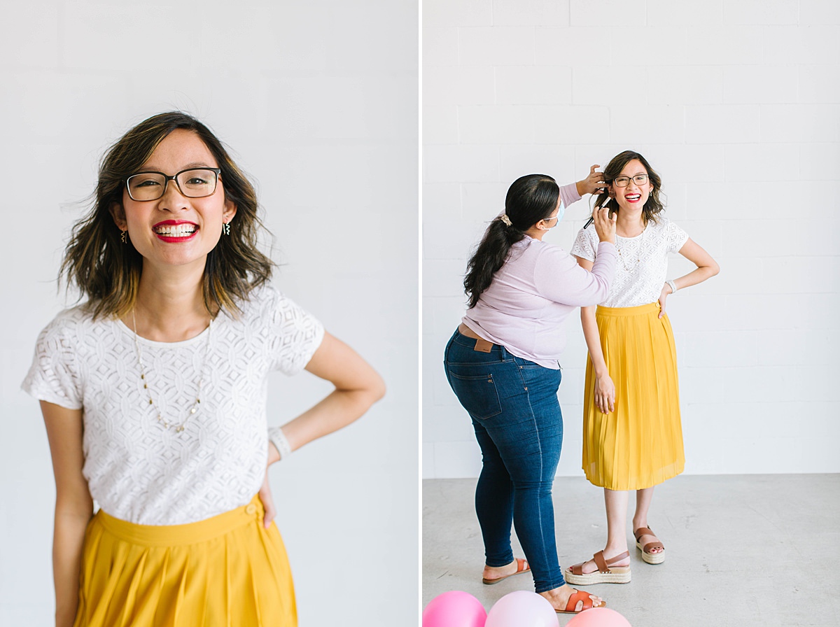 collage of photos of a woman wearing a white lace t-shirt and a yellow midi skirt. There are pink balloons flying around.