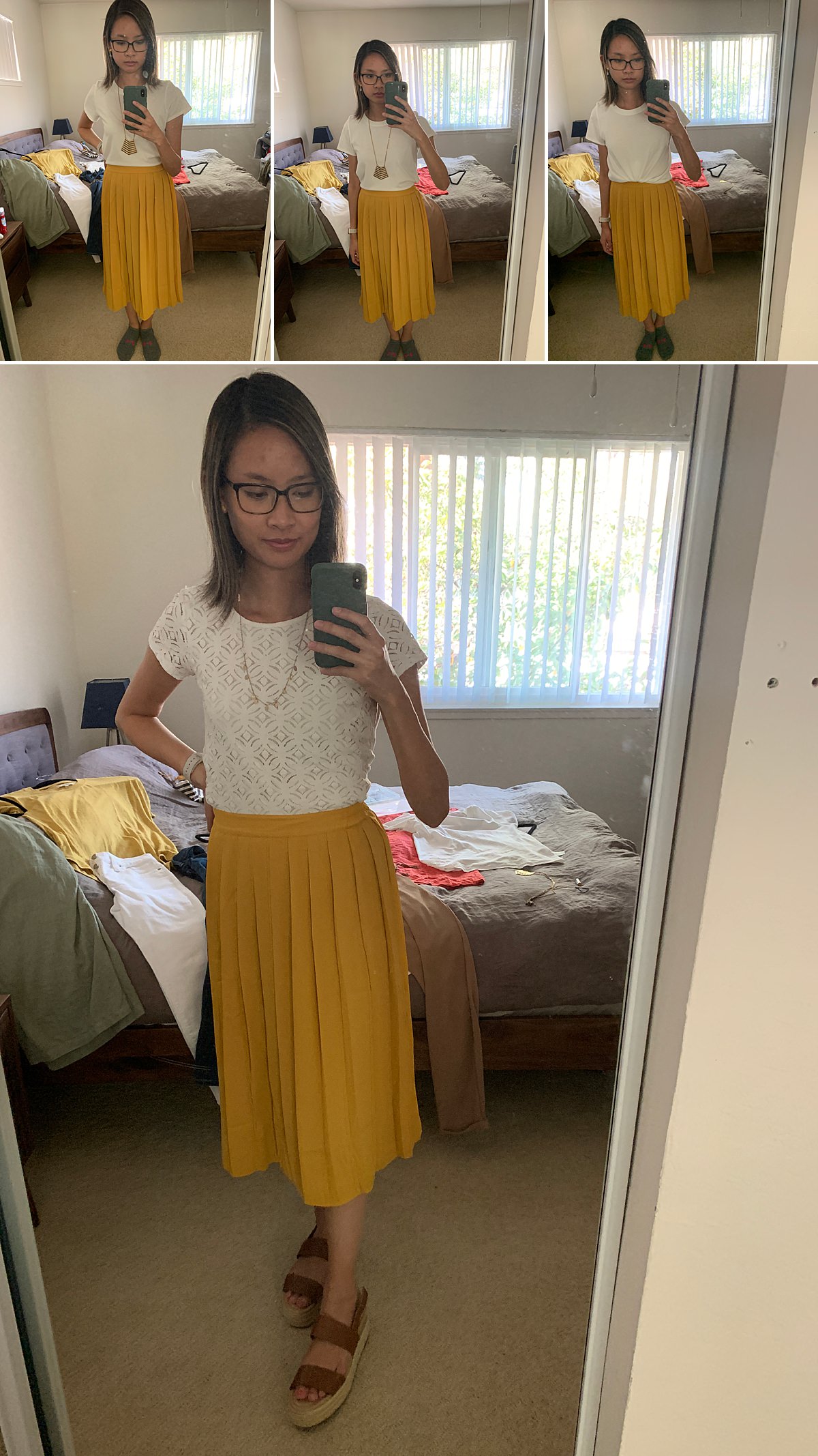 collage of mirror selfies of a woman wearing a yellow pleated midi skirt and a white t-shirt.