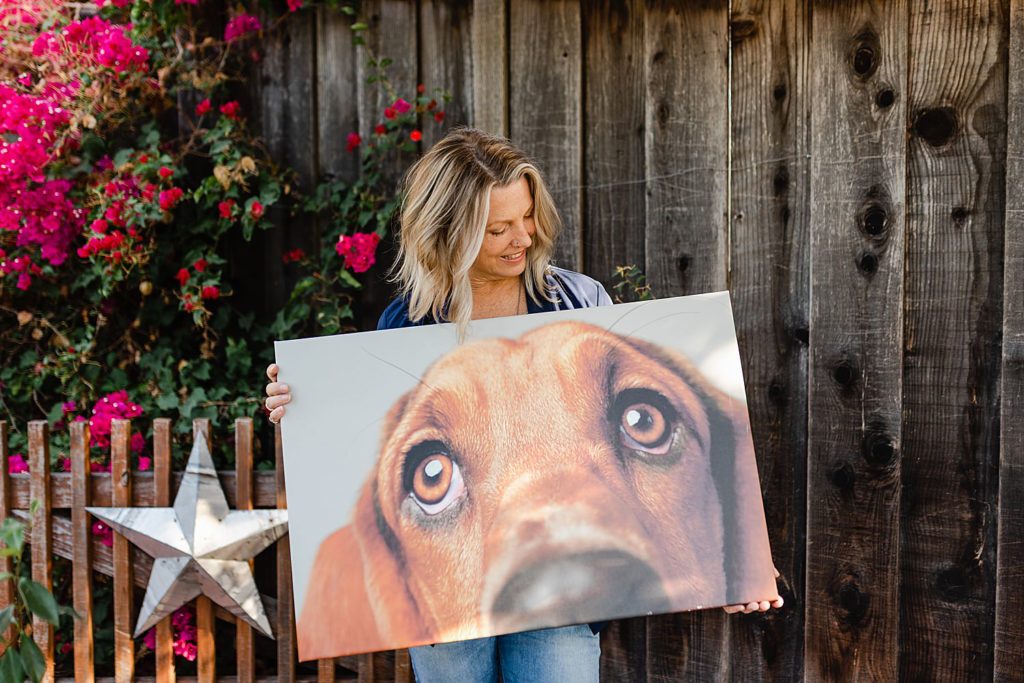 Tonya Perme, pet photographer, looking down on the giant canvas she's holding. the canvas has a close up photo of a pet dog's eyes up to the tip of it's nose