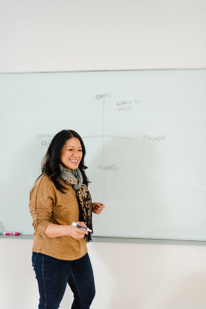woman in brown shirt and scarf is holding a marker. there is a whiteboard behind her with some words and illustrations