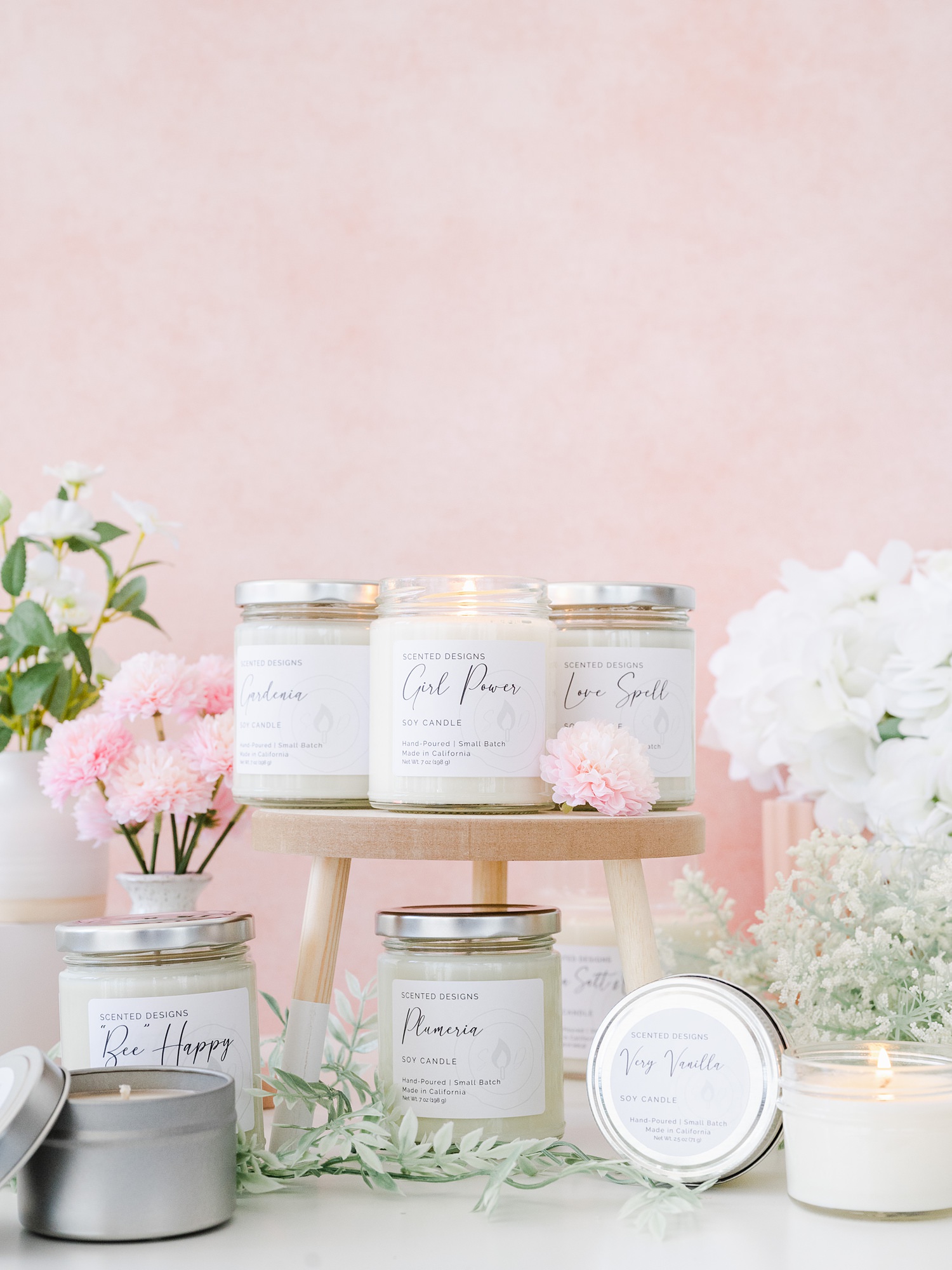 group shot of floral candles by Scented Designs