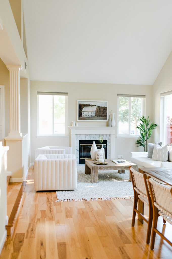Bay Area neutral living room styled with whites and wood 