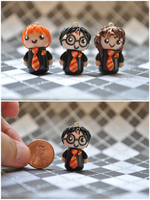 polymer clay charms of 3 Harry Potter characters and a second product photo with the Harry charm next to a penny showing that it is just a little larger than a penny