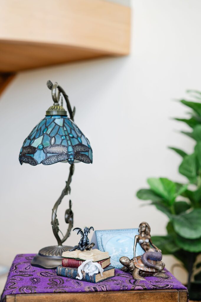 glass lamp and spiritual trinkets